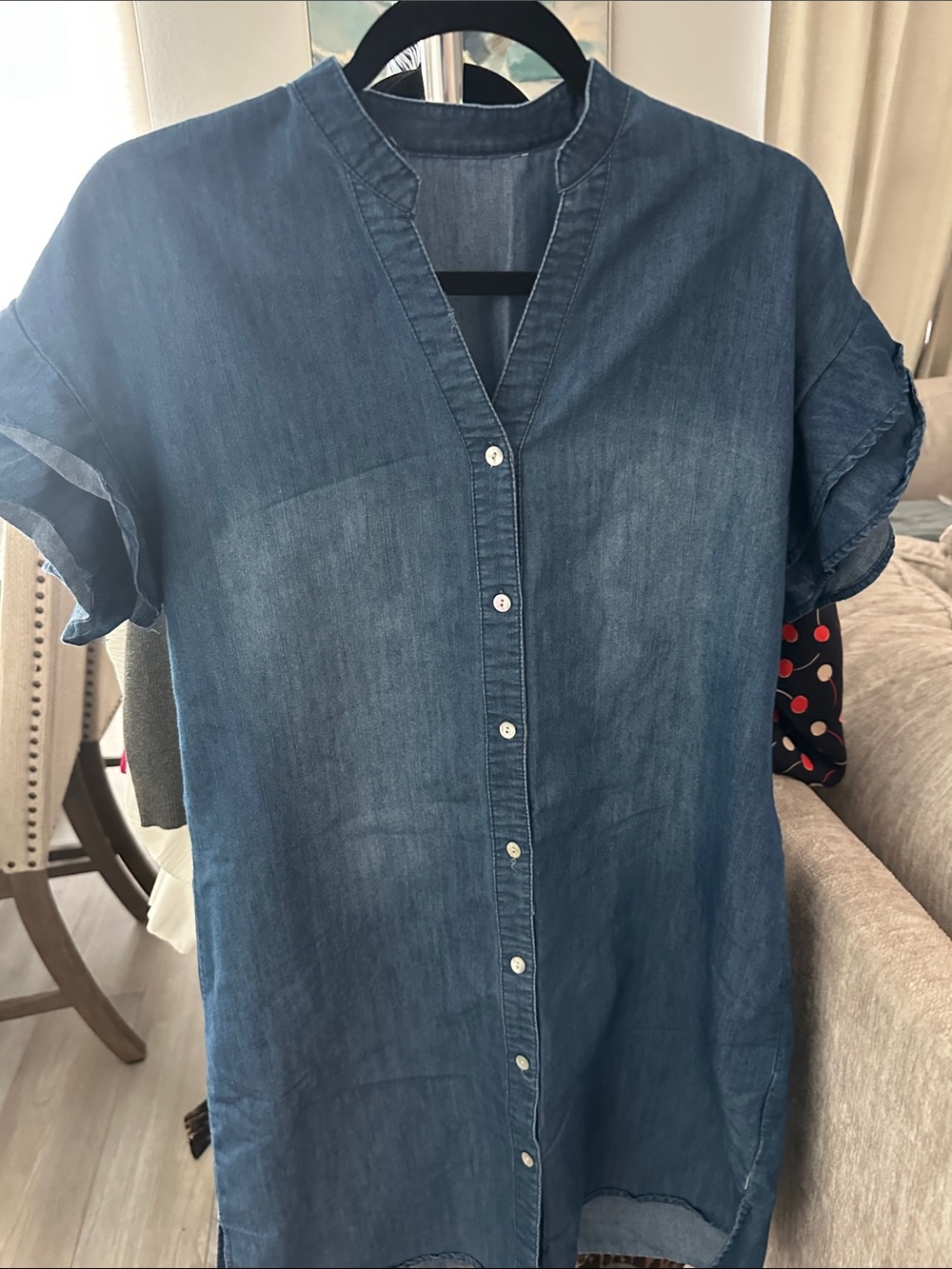 Denim Button-Front Tunic Top - Blue